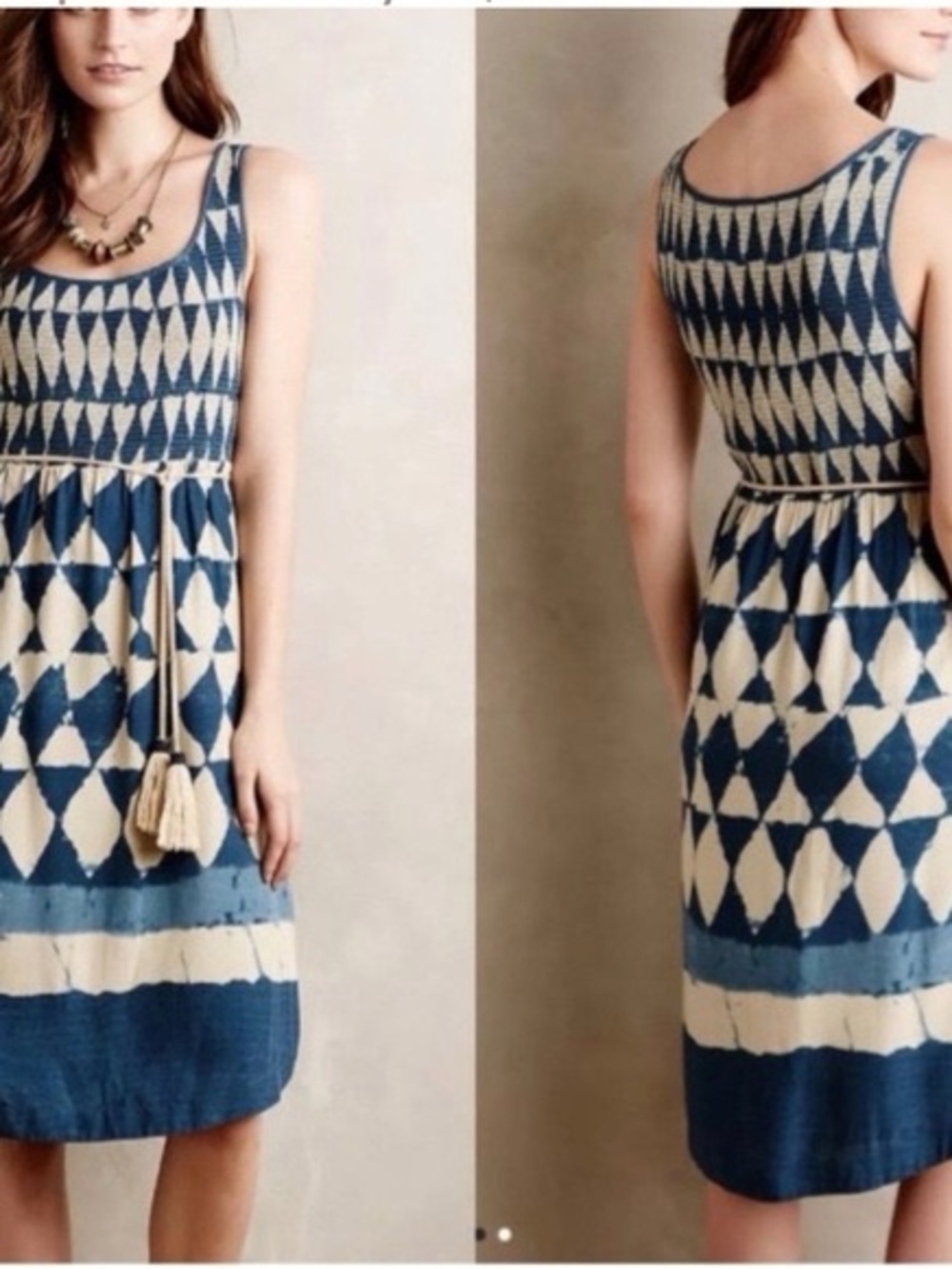 MAEVE Anthropologie Women's Smocked Tank Midi Dress Pockets & Tassel Belt Size 6